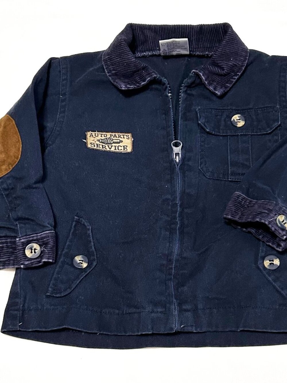 24 Month Canvas & Corduroy Auto Parts Mechanic Jacket Navy Blue Elbow Patches